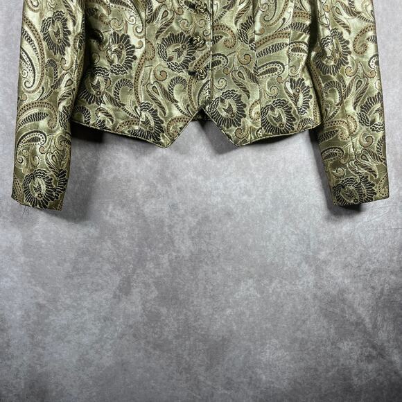 Kay Unger Blazer Jacket 4 Green Metallic Paisley Wool Blend Crop Art Old Money - Picture 3 of 10